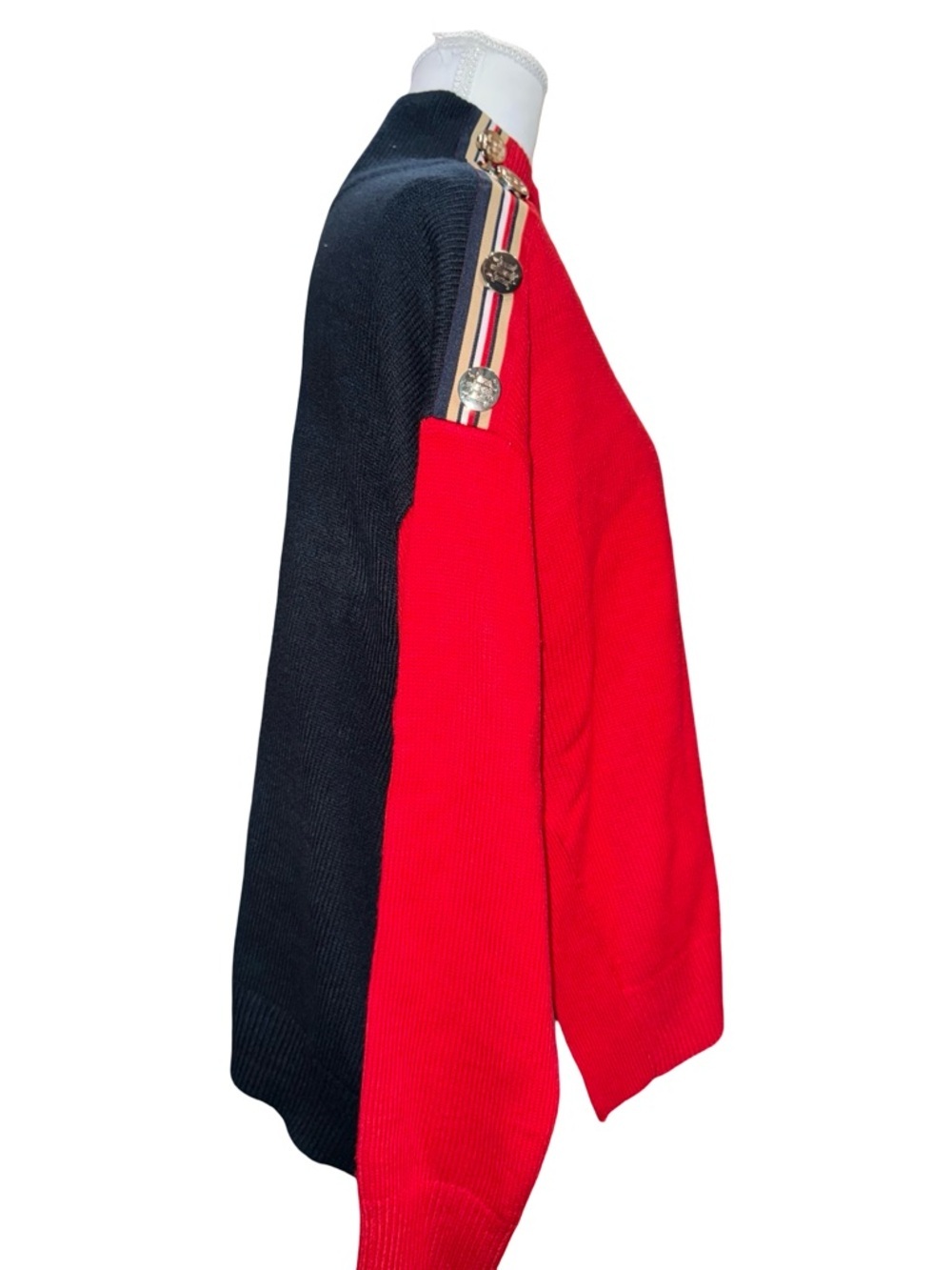 Tommy Hilfiger Mock Neck Sweater Small Red Colorblock Button Shoulder NWT Preppy - Picture 4 of 13